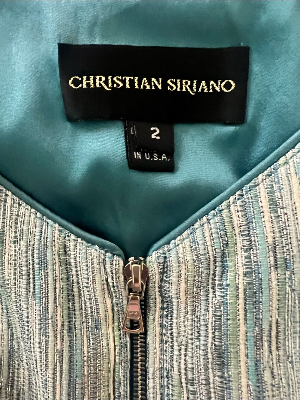 Christian Siriano 100% Silk Teal-Lined Metallic Thread Zip Dress - Picture 3 of 6